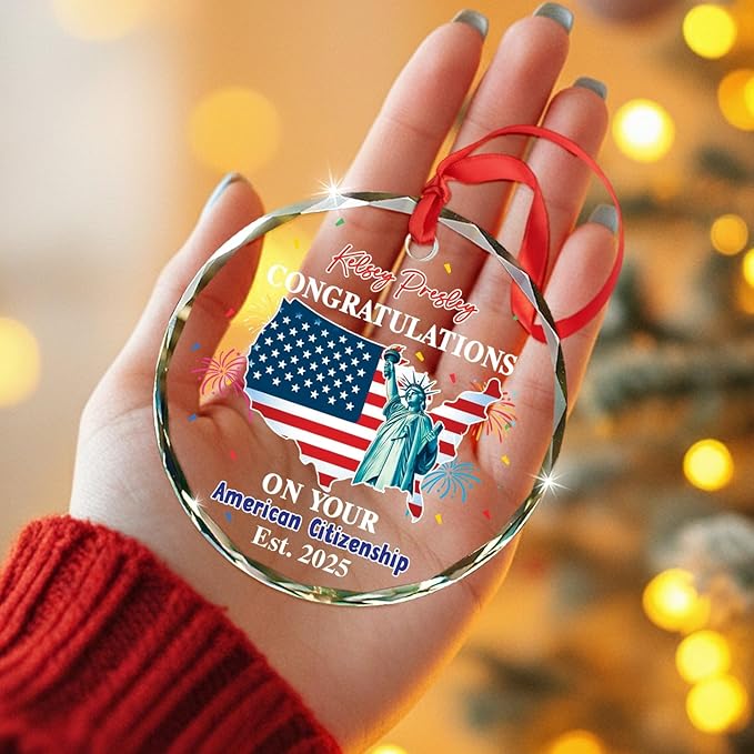 Personalized Congratulations On Your American Citizenship Glass Ornament Xmas 2025, Custom Year & Name New American Citizen Tree Decor Christmas Ornament Gift, Butterfly US Flag Christmas Ornaments