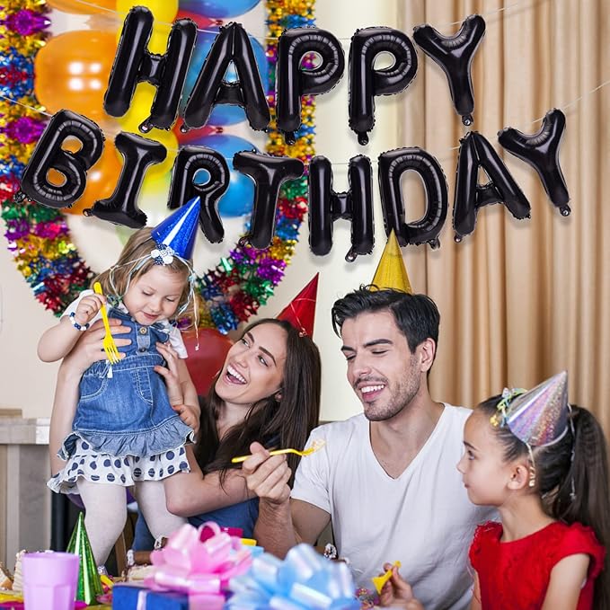 Accevo Black Happy Birthday Balloons Banner for Kids 16 Inch Foil Happy Birthday Sign Banner Letters Balloon 3D Happy Birthday Balloons for Child Adults Boys Girls Birthday Party Decorations Supplies