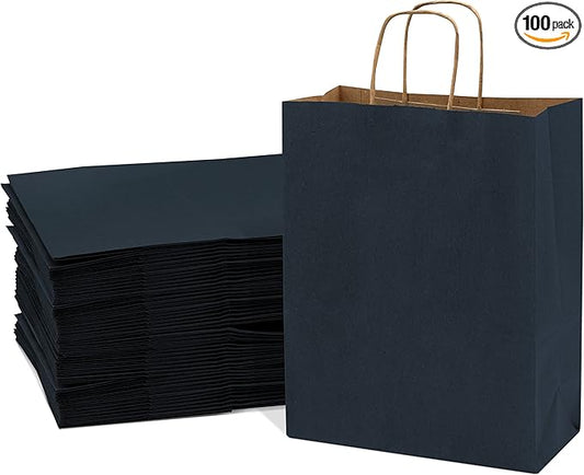 Prime Line Packaging Paper Gift Bags, Navy Blue Gift Bags with Handles, Medium Shopping Bags for Small Business, Retail, Boutiques, Graduation, Bulk, 10x5x13, 100 Pack
