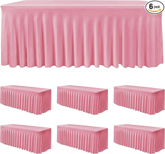 HolidayIdeas 6 Pack 6ft Spandex Table Covers for Brithday Parties, Fitted Stretch Table Skirts 30x72 Inch, Wrinkle-Free Floor Length Tablecloths for Weddings, Banquets Events, Pink