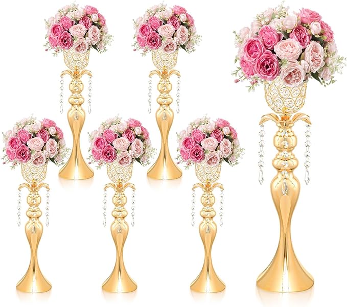6Pcs Gold Crystal Metal Vase Set - Tulip & Trumpet Wedding Centerpieces, Artificial Flower Arrangement Vases Bulk for Home Decor, Restaurant Table Displays
