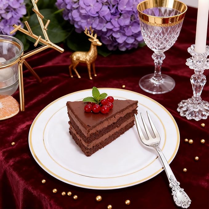 MENDENG 50PCS Gold Rim Plastic Plates for Party, 25x10.25 Dinner Plates & 25x7.5 Dessert Plates, Heavy Duty Disposable Plastic Plates for Wedding Party Thanksgiving Birthday