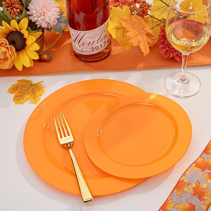 FLOWERCAT 60PCS Orange Plates - Heavy Duty Orange Plastic Plates Disposable for Halloween & Thanksgiving Party - Serve 30 Guests 10.25inch and 7.5inch