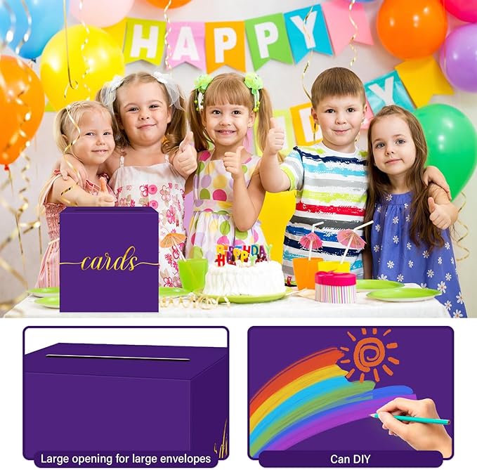 1 Pack Purple and Gold Foil Card Box for Party, 8.7" Purple Gift Card Box Money Box for Birthday, Wedding, Baby Shower, Retirement, Anniversary, Bridal Shower, Graduation, Raffle Ticket