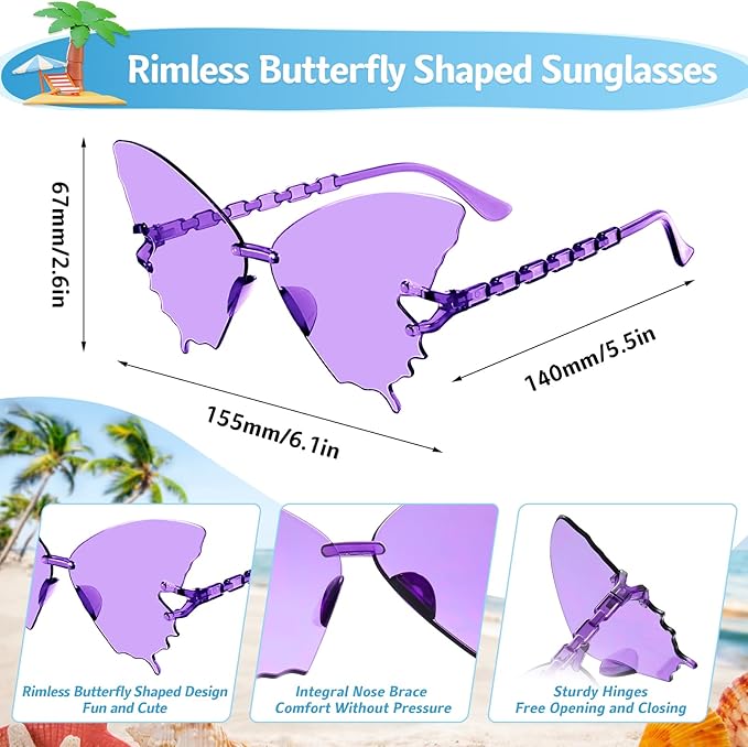 Pibupibu 24 Pack Star/Heart/Butterfly/Flame Sunglasses Bulk, Rimless Fun Colorful Sunglasses for Women Party Favors