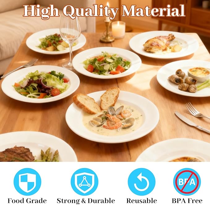 MENDENG 50PCS White Plastic Plates for Party, 25x10.25 Dinner Plates & 25x7.5 Dessert Plates, Heavy Duty Disposable Plastic Plates for Wedding Party Picnic Family Dinner