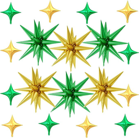18 Pcs Green Gold Star Balloons, Gold and Green Balloon with 6 Pcs 22-Inch Explosion Star Balloons 12Pcs 10-Inch Four Pointed Stars Foil Balloon for Anniversary Disco Birthday Party Decorations