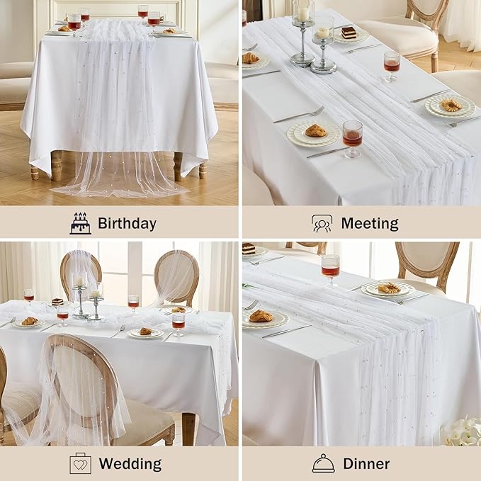 Fanami 1 Pack Pearl Table Runner -10FT Ivory White Boho Tulle Table Runners 120 Inches Long Rustic Sheer Lace Fabric Centerpieces for Wedding Arch Birthday Party Bridal Veil Baby Shower Decorations