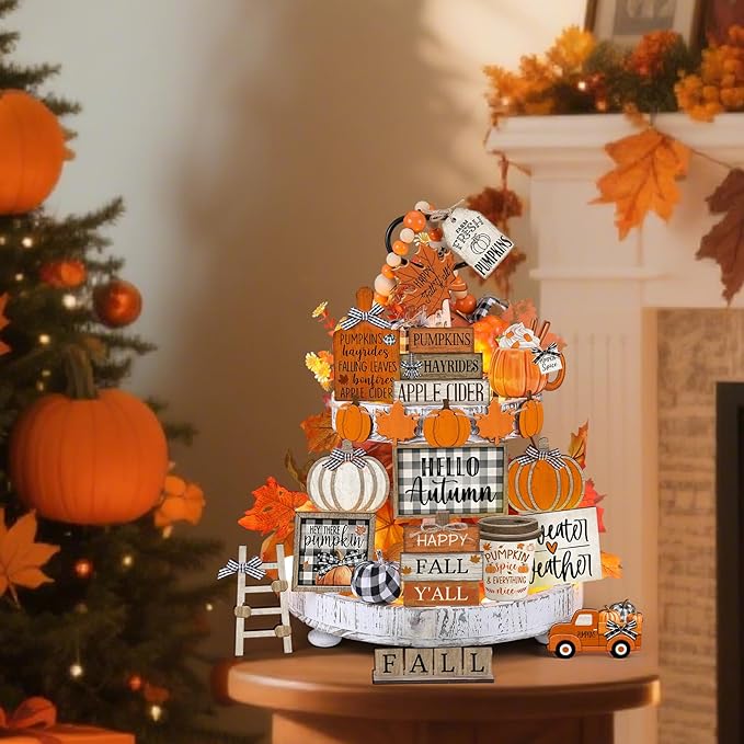 21 Pcs Fall Thanksgiving Tiered Tray Decoration Set Thanksgiving Table Sign Pumpkins Farmhouse Gnome Maple Leaves Centerpieces Harvest Wood Blocks Signs Fall Block Tabletop for Autumn