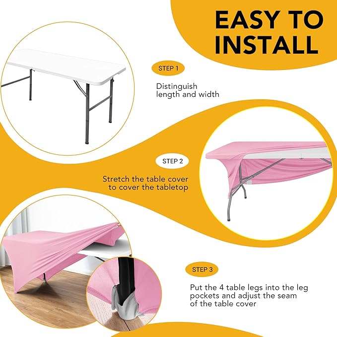 6-Pack Premium Pink Spandex Tablecloths for 8ft Rectangle Tables, Stain & Wrinkle-Resistant, Washable Stretch Polyester Fitted Table Cover for Weddings, Banquets, Trade Shows Events