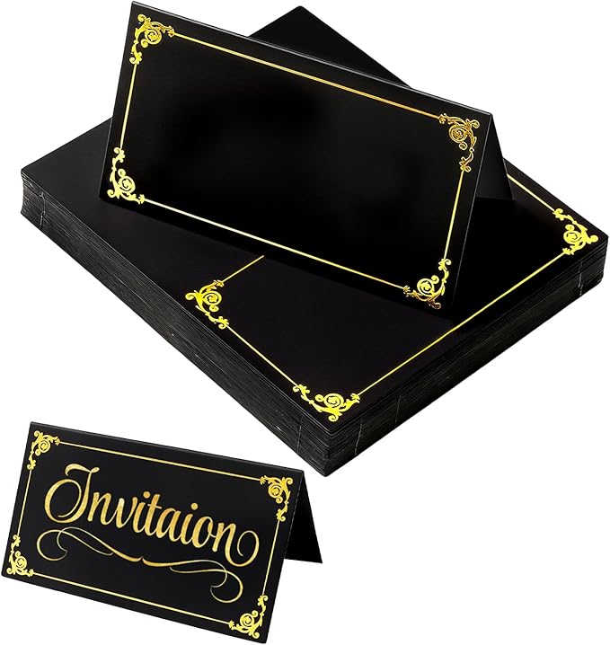 50-Pack Black Place Cards for Table Setting - Name Cards with Gold Foil Border for Weddings - 2'' x 3.5'' Folded Tents Table Sign for Buffet Banquet Party Wedding Events Celebrations