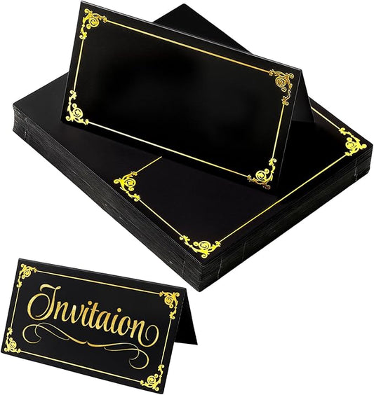 50-Pack Black Place Cards for Table Setting - Name Cards with Gold Foil Border for Weddings - 2'' x 3.5'' Folded Tents Table Sign for Buffet Banquet Party Wedding Events Celebrations