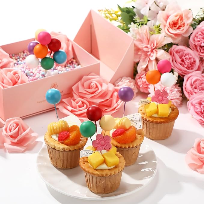 Sieral 40 Pcs Mini Balloon Cake Toppers Colorful Rainbow Cake Topper Round Foam Balls Cupcake Toppers for Birthday Baby Shower Wedding Party Decorations