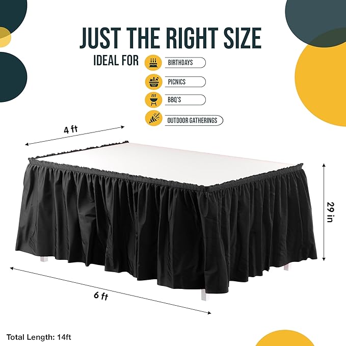 Exquisite Ruffle Table Skirt Black 6 Pack 14 Ft Long Table Skirts for Rectangle Tables 6ft Plus or Round Tables Skirts with Adhesive Strip for Gender Reveal Decor & Happy Birthday Parties