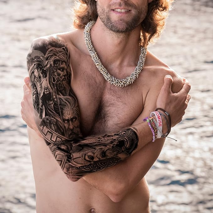 Greek Warrior Temporary Tattoo Sleeve for Men, 4-Sheet Full Arm Large Realistic Poseidon Knight Fake Tattoo Sleeve Adult Women and 4-Sheet Black Eye Greek Myth Half Arm Temp Tatoo Sticker Leg Body Art