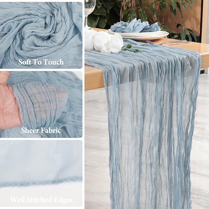 NESCCI 2 PCS Dusty Blue Table Runner,Rustic Boho Cheesecloth Table Runner,35x120 Inches Dusty Blue Runners for Tables, Pefect for Mothers Day Wedding Baby Shower Birthday Party Home Decorations
