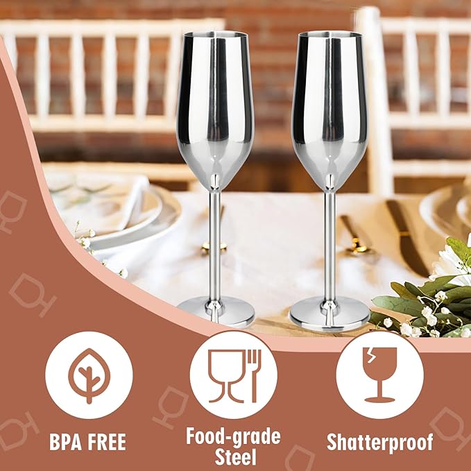 TJ Unbreakable 8 Oz Stainless Steel Champagne Flutes (4 Pack)- Silver Champagne Glasses - Reusable Indoor Outdoor Drinkware - Keeps Drink Cool for Longer - Gift Idea