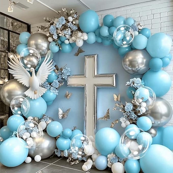Blue Silver Balloon Arch Double Stuffed Pastel Baby Blue Metallic Balloon Garland Kit Clear Bobo Balloons for Birthday Baby Shower Bridal Shower Birthday Wedding Anniversary Party Decorations