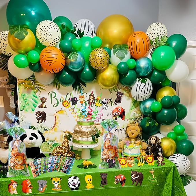 110PCS Safari Party Favors Jungle Party Favors Goodie Bags Stuffers for Camping Party Include Slap Bracelet,DIY Safari Stickers ,Woodland Keychains,Forest Animals Pencil Caps and Party Straws