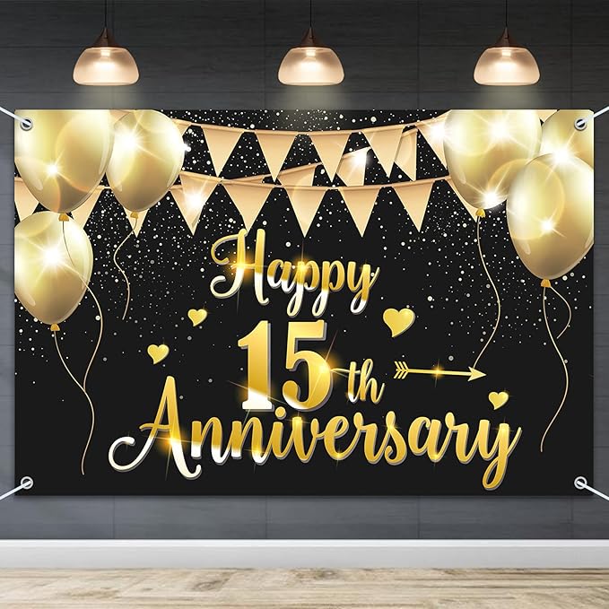 HAMIGAR 6x4ft Happy 15th Anniversary Banner Backdrop - 15 Wedding Anniversary Decorations Party Supplies - Black Gold