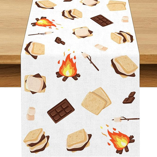 S'Mores Table Runner Bonfire Camping Party Decoration Dessert Birthday Dining Room Home Kitchen Table Decor (13" x 108")