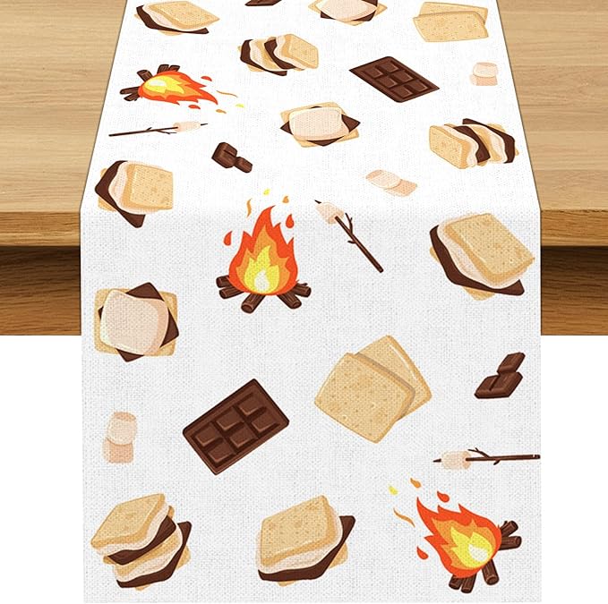 S'Mores Table Runner Bonfire Camping Party Decoration Dessert Birthday Dining Room Home Kitchen Table Decor (13" x 72")
