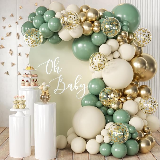 Sage Green White Gold Balloon Arch Kit, 166Pcs Sage Green White Sand Gold Metallic and Gold Confetti Balloons Garland for Baby Shower Gender Reveal Wedding Jungle Safari Party Decoration