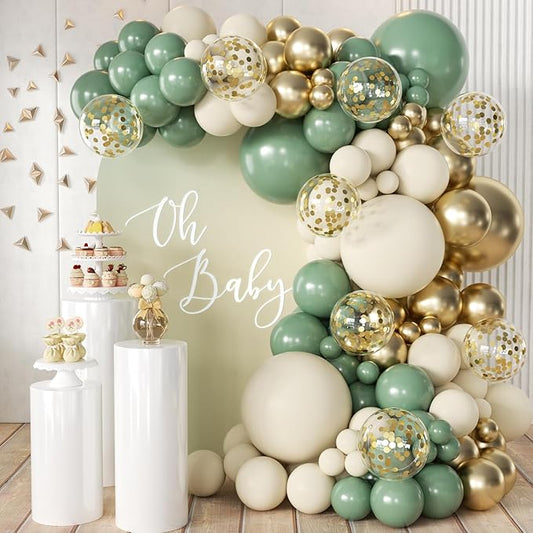 Sage Green White Gold Balloon Arch Kit, 166Pcs Sage Green White Sand Gold Metallic and Gold Confetti Balloons Garland for Baby Shower Gender Reveal Wedding Jungle Safari Party Decoration