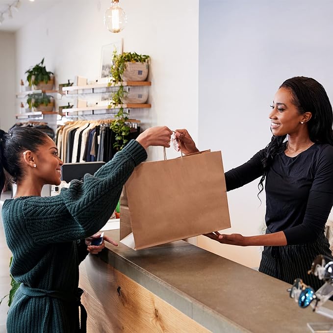 GSSUSA 16x6x12 Large Paper Bags with Handles 100Pcs, Gift Bags, Bag for Small Business Bulk, Brown Paper Shopping Bag for Boutique, Merchandise, Clothing, Grocery, Food Service Take Out