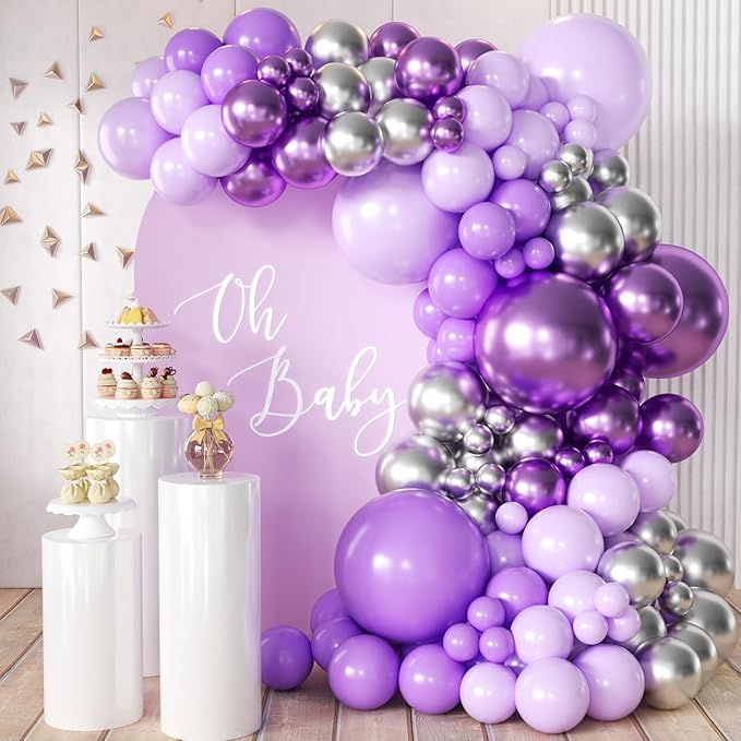 Purple and Silver Balloon Garland Arch Kit, 166Pcs Purple Metallic Pastel Lavender Maca Lilac Violet Gold Chrome Balloons for Birthday Wedding Baby Shower Party Decoration