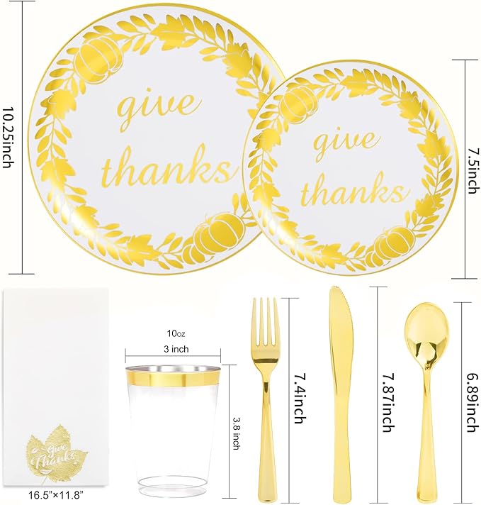 YOUBET 175PCS Thanksgiving Plastic Plates - Thanksgiving Gold Disposable Plates - Fall Plastic Plate Include 50 Plate, 25forks, 25Knives, 25Spoons, 25 Napkins, 25Cups for Fall Party