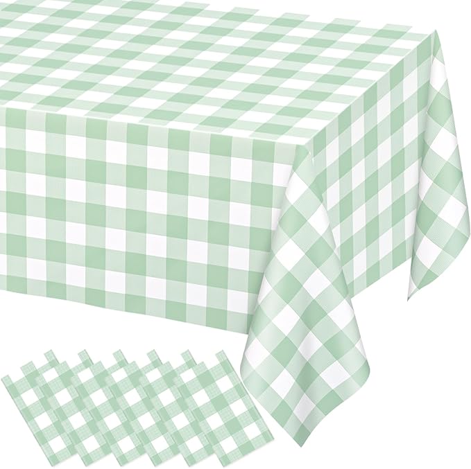 WNINK 6 Pack Sage Green Checkered Rectangular Plastic Tablecloths, Green Gingham Waterproof Disposable Table Covers 54" x 108" for Birthday, Baby Shower, Wedding, Outdoor Picnic Parties