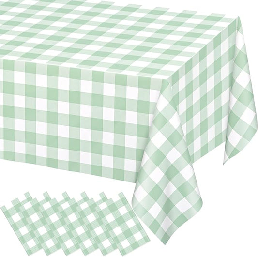 WNINK 6 Pack Sage Green Checkered Rectangular Plastic Tablecloths, Green Gingham Waterproof Disposable Table Covers 54" x 108" for Birthday, Baby Shower, Wedding, Outdoor Picnic Parties