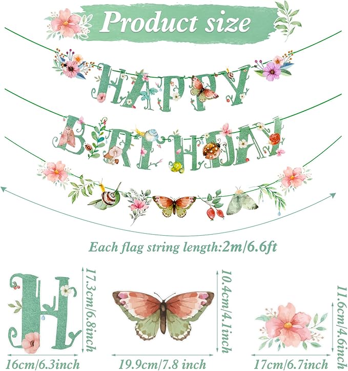 SUNBEAUTY Wildflower Happy Birthday Banner Sage Green Floral Flower Party Decorations Green Butterfly Flowers Banner Summer Spring Butterfly Birthday Party Decorations | Pre-Strung