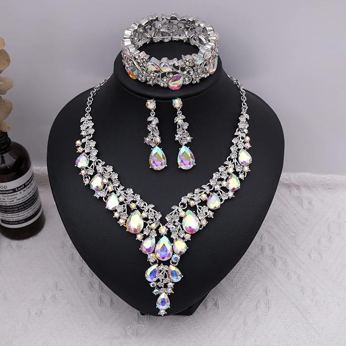 CSY Elegant Crystal Costume Jewelry Sets Flower Bridal Necklace Earrings Stretch Bangle Set for Bride Bridesmaid Wedding Dress Accessories