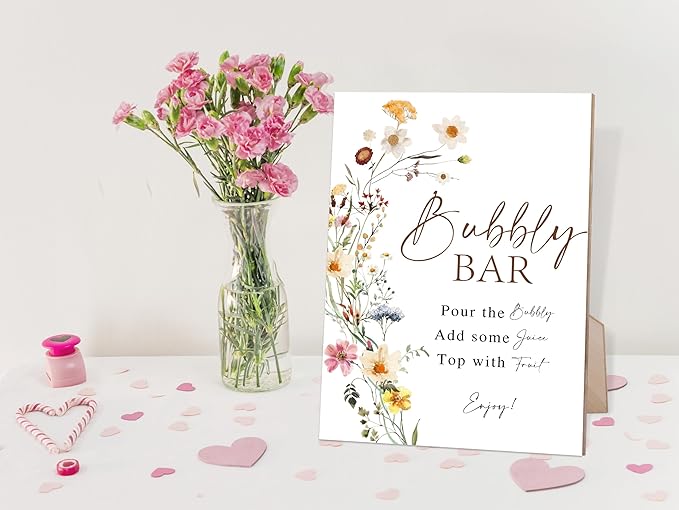 Flower Bubbly Bar Sign, Bubbly Bridal Shower Sign for Wedding, Champagne Party Decorations, Bridal Shower Decorations, Table Centerpieces for Party, 6X8 Inch Wooden Wedding Sign with Stand, 4
