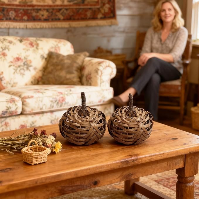 2Pcs 5 inch Bamboo Woven Artificial Pumpkin Decorations, Antique Bronze Handcrafted Woven Fake Pumpkins, Rustic Handmade Bamboo Weaving Crafts, Realistic Table Centerpiece Decorations For Indoor Decor