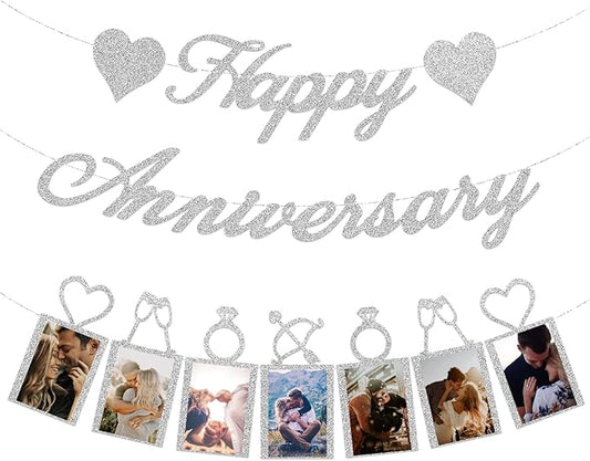 Happy Anniversary Party Decorations - Silver Anniversary Banner and Photo Banner for Wedding Party Decor