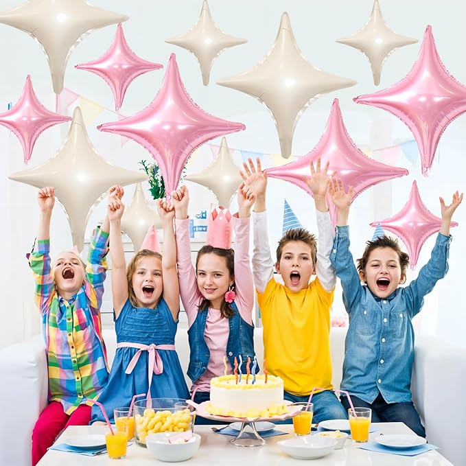 Pink White Star Balloons,12Pcs Four Angle Star Foil Balloons,26Inch and 10Inch Pink Cream White Quadrangle Helium Balloon for Birthday Baby Shower Anniversary Party Decorations
