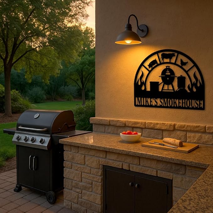 Custom Smokehouse Metal Sign, Personalized BBQ Grill and Smoker Plaque with Fire and Farm Animal Design, Outdoor Patio Yard Wall Decor for Barbecue Lovers, Rustic Christmas Birthday Gift