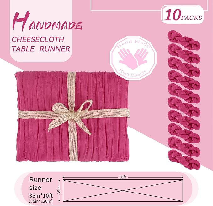 10 Packs Cheesecloth Table Runner Hot Pink, 10Ft x 35" Rose Red Rustic Gauze Boho Wedding Table Runner Decoration, Wedding Table Decor Table Cloth for Wedding Party Bridal Shower Table