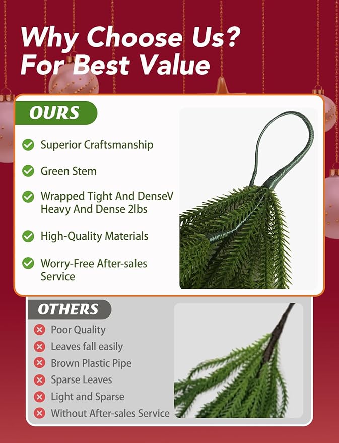 Premium 30% Fuller 6 Ft Artificial Norfolk Pine Garlands with Lights, Real Touch Winter Pine Garland, for Staircase, Table, Mantle, Wall, Indoor, Outdoor Christmas Decorations, Flower Arranging