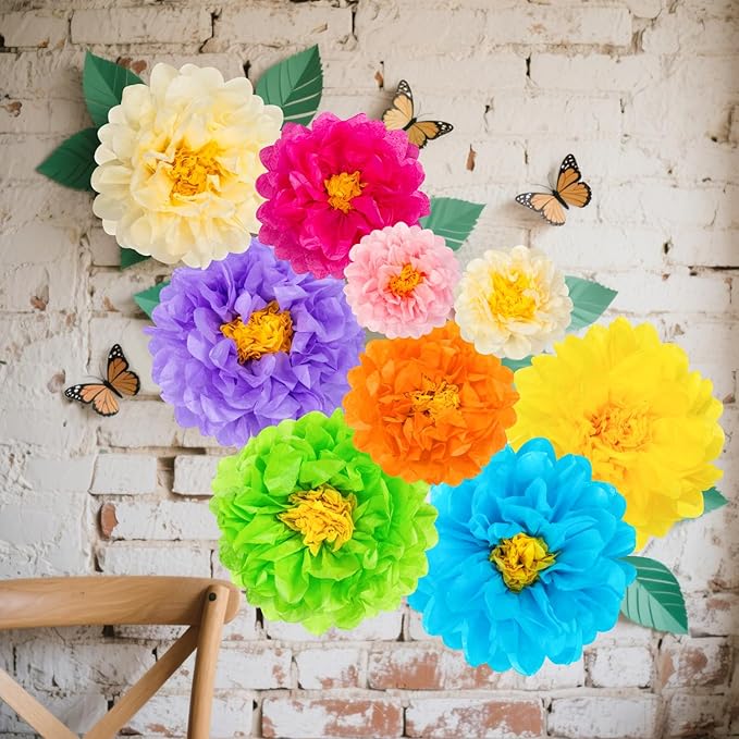 24 Pcs Mexican Paper Flowers, Fiesta Paper Flowers, Colorful Tissue Flower for Carnival, Party Backdrop, Wedding, Birthday Party, Craft Wall Decor, Baby Shower(8 Colors 6" 8" 10")