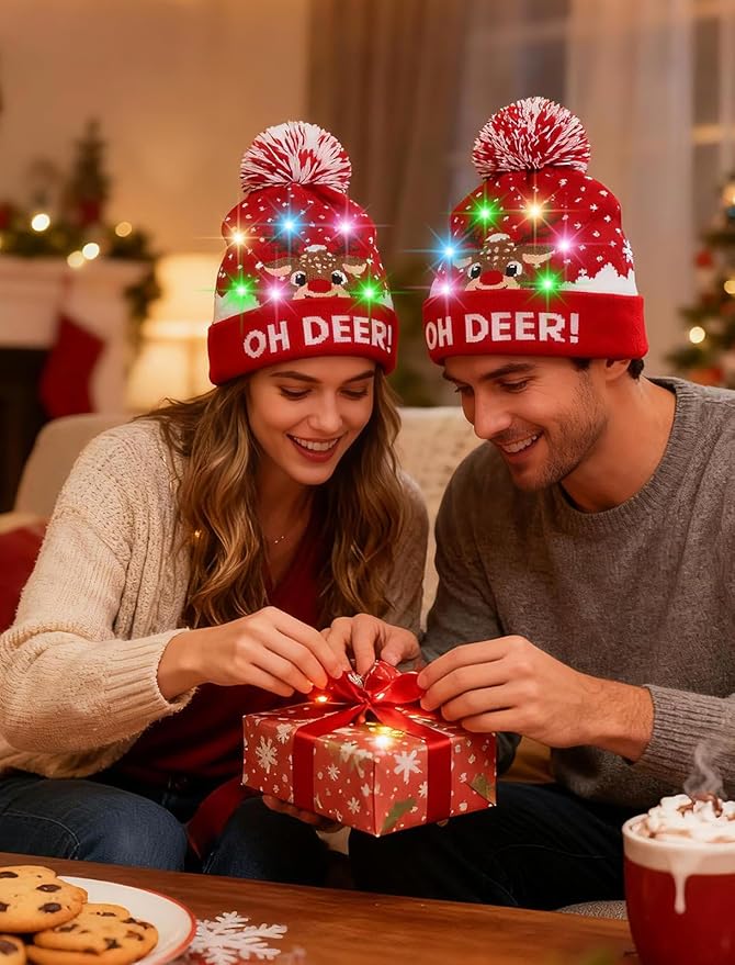 RAISEVERN Unisex Ugly LED Christmas Hat Novelty Colorful Light-up Stylish Knitted Sweater Xmas Party Beanie Cap(6 Lights)