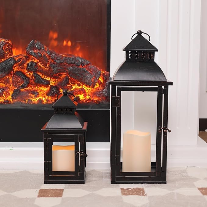 DECORKEY LED Lanterns Decorative Outdoor&Indoor, Set of 2 (17’’&11’’) Large Black Metal Lantern Decor with bronze brush, Candle Holder for Porch, Patio, Garden, Balcony, Wedding Decorations (No Glass)