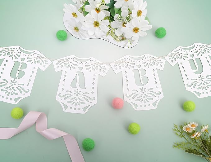 Lace Bodysuit Baby Shower Banner - Papel Picado Gender Reveal Party Decor, Baby Bodysuit Onesie Banner