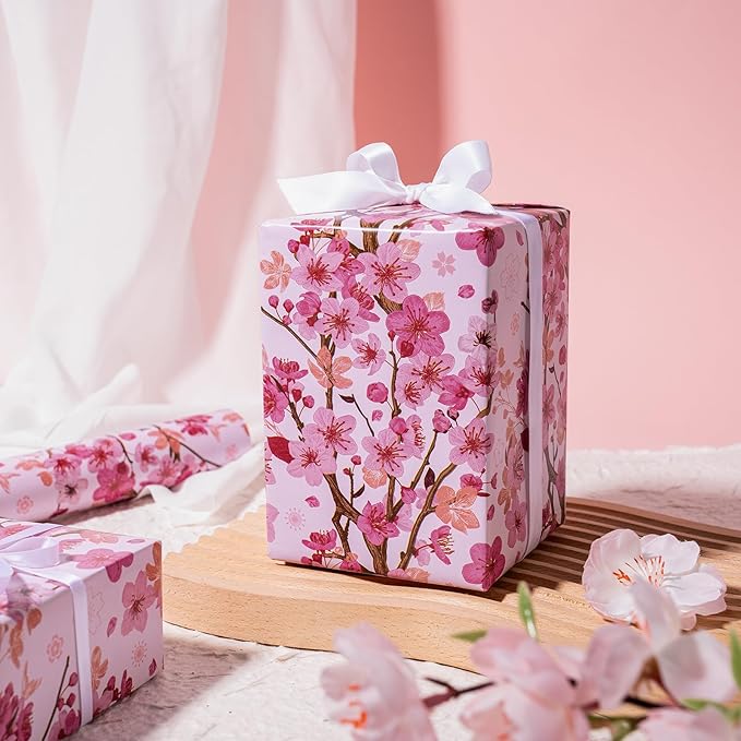 WRAPAHOLIC Floral Wrapping Paper Roll - Mini Roll - 17 Inch x 33 Feet - Sakura Blossom Wrapping Paper for Birthday, Wedding, Bridal Shower, Mother's Day, Valentine's Day