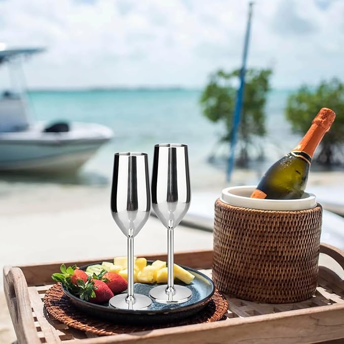 TJ Unbreakable 8 Oz Stainless Steel Champagne Flutes (2 Pack)- Silver Champagne Glasses - Reusable Indoor Outdoor Drinkware - Keeps Drink Cool for Longer - Gift Idea