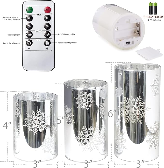 Snowflake LED Flameless Candles with Remote and Timer, Electroplate Glass Candles Operated by Battery, Christmas LED Flickering Candles Decoration for Bedroom, Party, Wedding