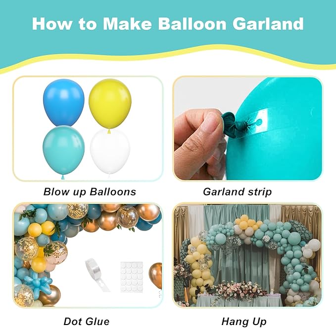 120PCS Blue and Yellow Balloon Arch Kit, Light Blue Yellow White DIY Cartoon Theme with 2pcs 4D Star for Theme Birthday Anniversary Graduation Baby Shower Party Decorations